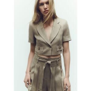 Zara Neutral Khaki Beige Short Sleeve Cropped Linen Blazer Jacket Size Medium